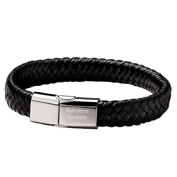 Armbånd  til far i læder og stål med indgravering. Få din egen tekst indgraveret