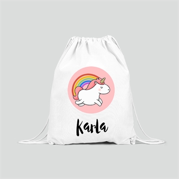 Gymnastikpose med navn til børn - enhjørning og regnbuemotiv